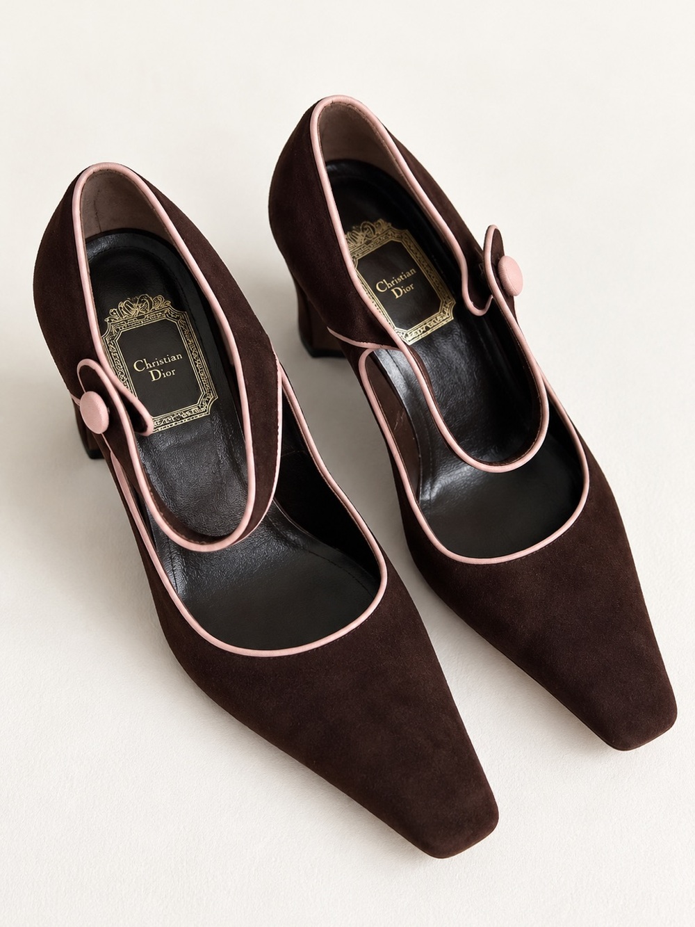RARE Vintage DIOR Brown Suede Mary Jane Pumps with Pink Trim